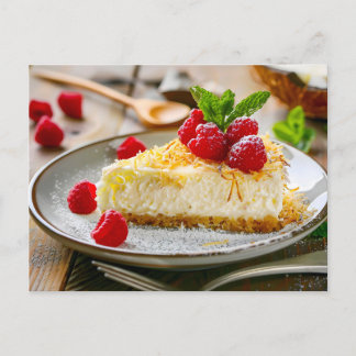 Cartão Postal Raspberry cheesecake slice with fresh mint