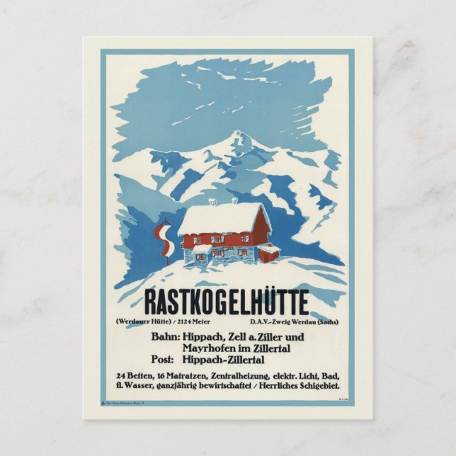 Cartão Postal Rastkogelhütte Alemanha Poster vintage 1938 (Frente)