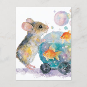 Cartão Postal Rato Adorável e Peixe Goldfish