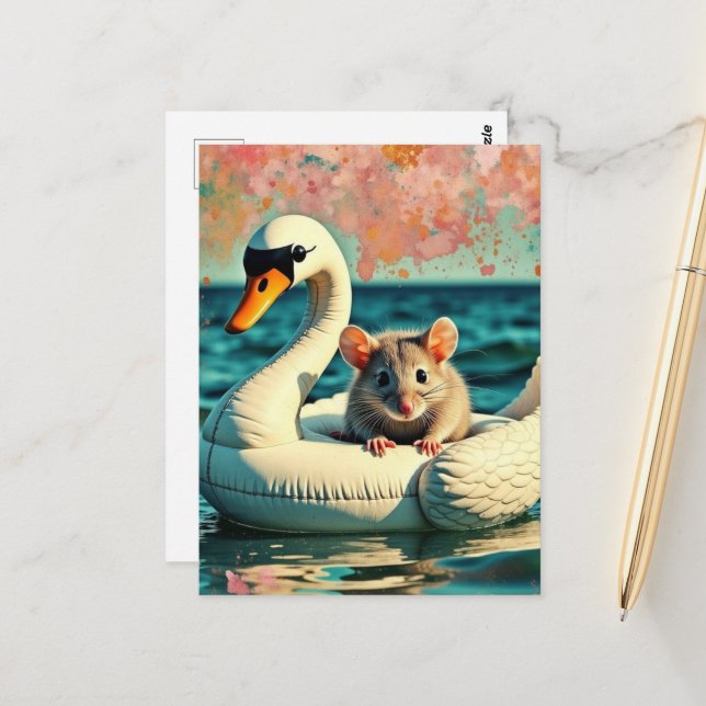 Cartão Postal Rato Adorável em um Flutuador de Cisne (Frente/Verso In Situ)