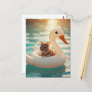 Cartão Postal Rato Adorável Flutuando em um Flutuador de Cisne