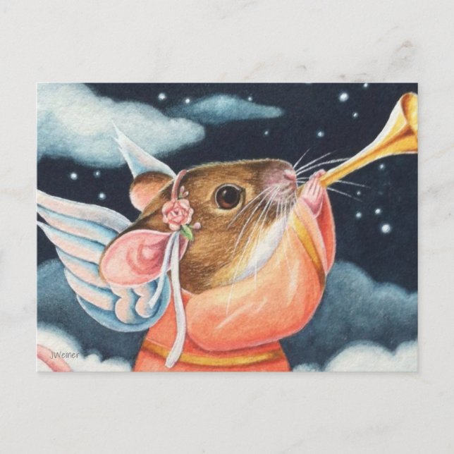 Cartão Postal Rato Anjo de Natal e Trombeta Arte em Aquarela (Frente)
