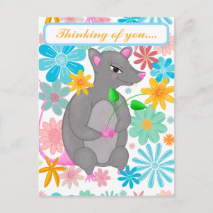 Cartão Postal Rato caprichoso fofo flores coloridas