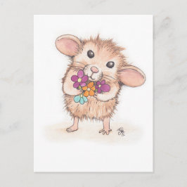Cartão Postal Rato com Buquê de Flor