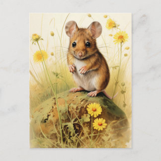 Cartão Postal Rato de Campo Bonito com Flores Amarelas