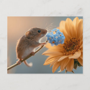 Cartão Postal Rato de Colheita Adorável Cheirando o Miosótis Azu