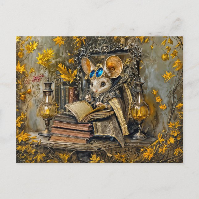 Cartão Postal Rato de leitura steampunk (Frente)