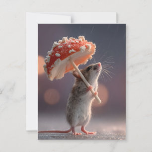 Cartão Postal Rato Whimsic Usando um Cogumelo como guarda-chuva