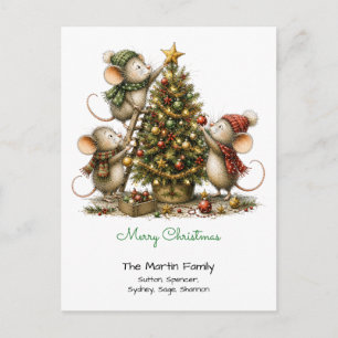 Cartão Postal Ratos Fofos Decorando Árvore Feliz Natal Verde