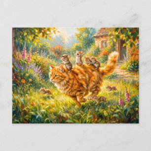 Cartão Postal Ratos montando gato pelo jardim