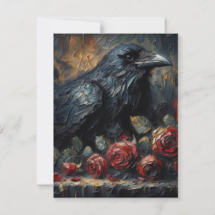 Cartão Postal Raven Com Arte Gótica Do Rosa vermelha