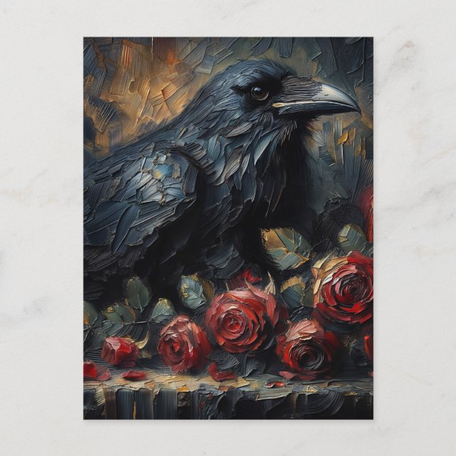 Cartão Postal Raven Com Arte Gótica Do Rosa vermelha (Frente)