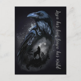Cartão Postal Raven e lobo que uivam na lua