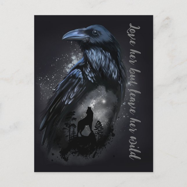 Cartão Postal Raven e lobo que uivam na lua (Frente)