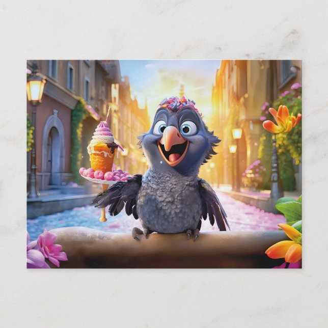 Cartão Postal Raven Enjoying Ice Cream In Sunny City (Frente)