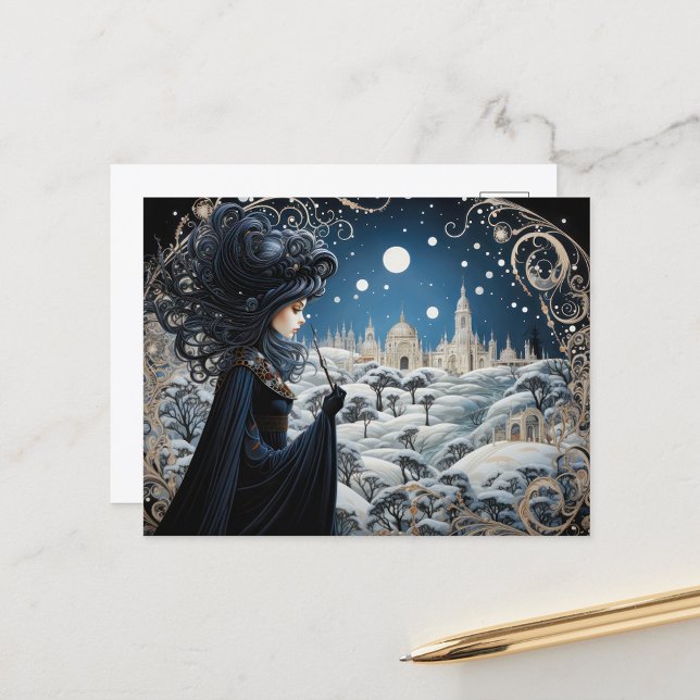 Cartão Postal Raven-Haired Nouveau Witch (Fantasy postcard of beautiful witch done in the art noveau style.)