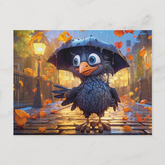 Cartão Postal Raven In Rainy Autumn Street With Umbrella (Frente)