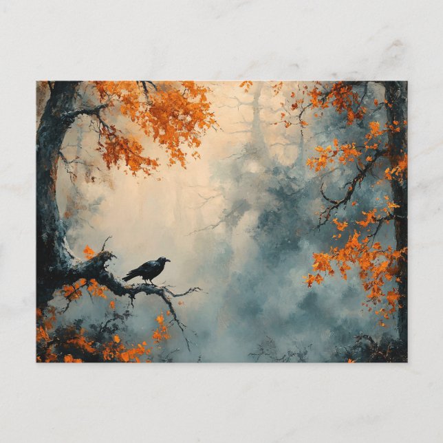 Cartão Postal Raven na Misty Autumn Forest (Frente)