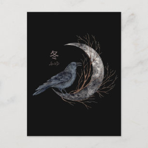 Cartão Postal Raven on Crescent Moon com Winter Kanji