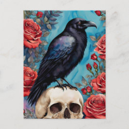 Cartão Postal Raven Sobre O Fundo Do Teto De Rosas vermelhas Crâ