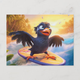 Cartão Postal Raven Surfing On Tropical Beach With Wings Spread