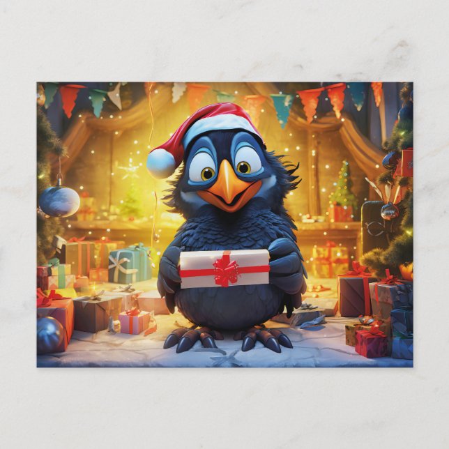 Cartão Postal Raven With Santa Hat And Gift In Festive Scene (Frente)