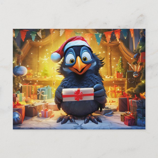 Cartão Postal Raven With Santa Hat And Gift In Festive Scene (Frente)