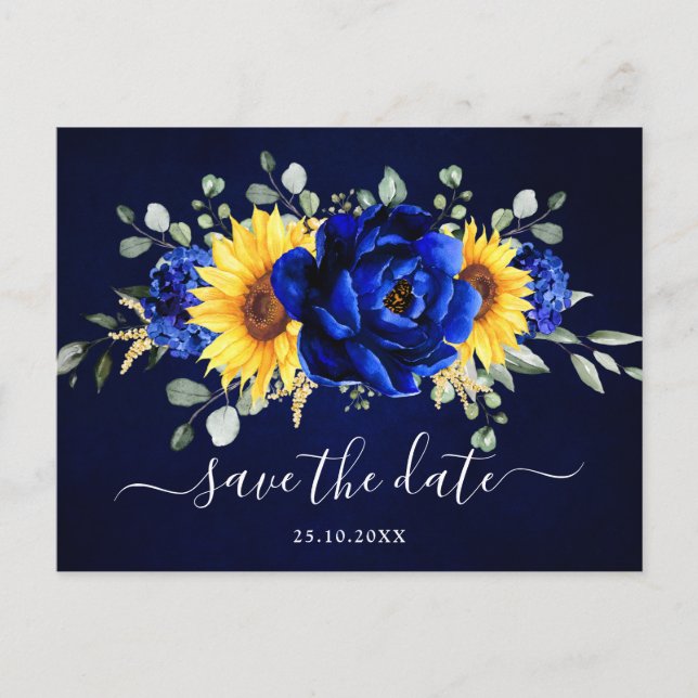 Cartão Postal Real Blue Rustic Sunflower Modern Salvar Data P (Frente)