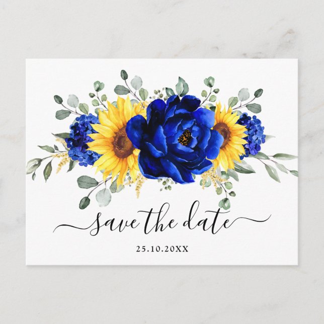 Cartão Postal Real Blue Rustic Sunflower Modern Salve a data (Frente)