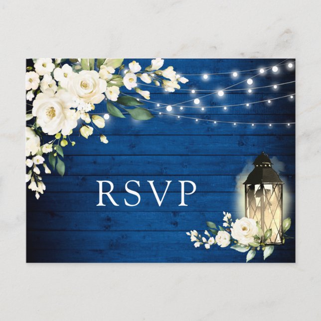 Cartão Postal Real Blue Wood White Roses Rustic Wedes RSVP (Frente)