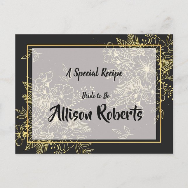 Cartão Postal Receita de Chuveiro de Noiva com Rosas Douradas (Frente)