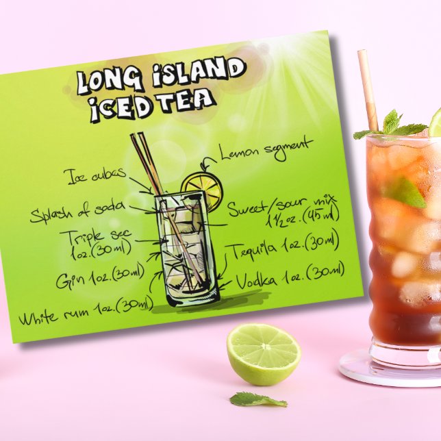 Cartão Postal Receita de Cocktail de Bar de Aquarela (Long Island Iced Tea Recipe Cocktail Postcard)