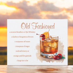 Cartão Postal Receita de Coquetel Old Fashioned Ilustrada
