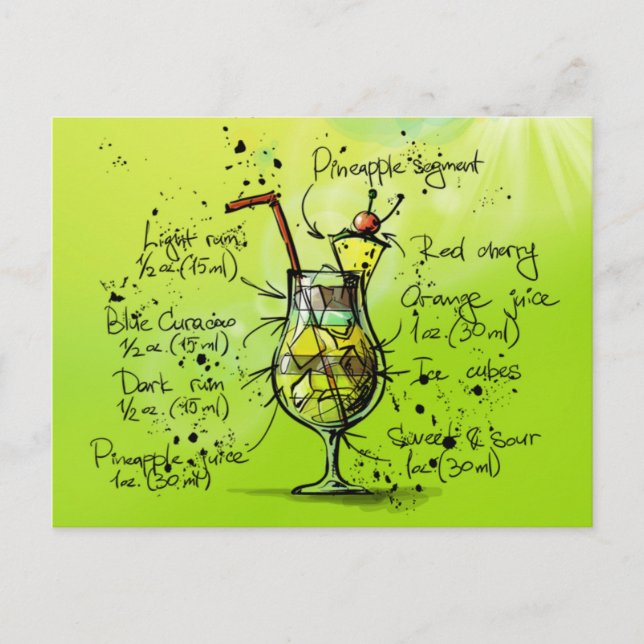 Cartão Postal Receita de coquetel tropical do bar (Frente)