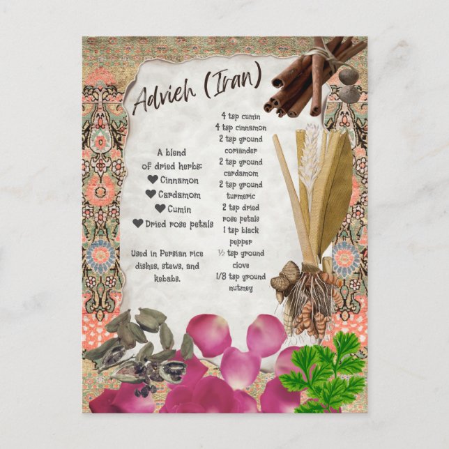 Cartão Postal Receita de Mistura de Especiarias Persa de Advieh (Frente)
