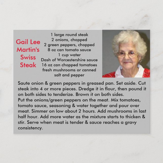 Cartão Postal Receita suíça de bife (Frente)