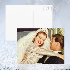 Cartão Postal Recém-casados de casamento retrô, noiva e noivo fe