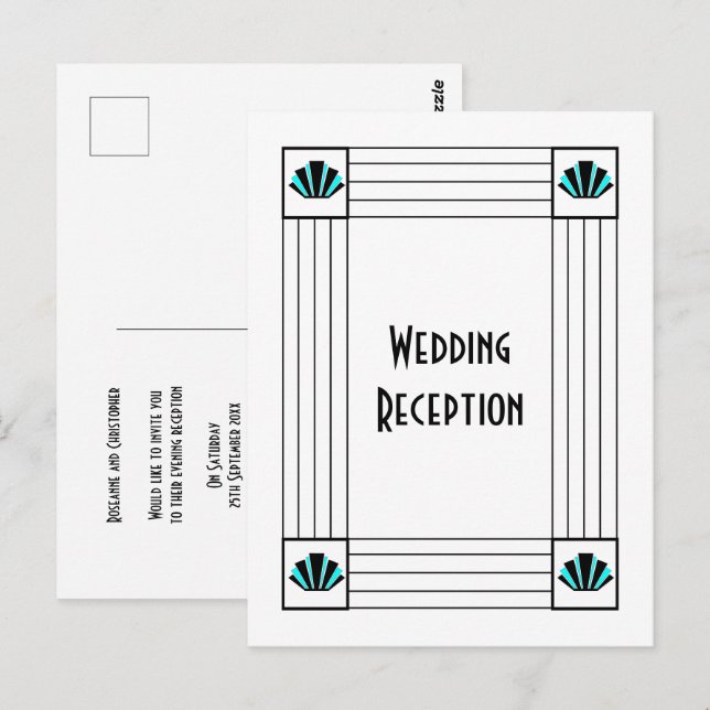 Cartão Postal Recepção de Casamento com Design Art Déco Azul (Frente/Verso)
