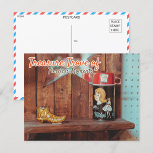 Cartão Postal Recipiente de Lata Antiga e Figurinha de Bota Dour