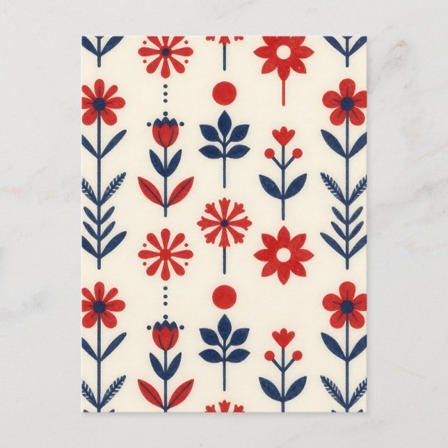 Cartão Postal Red and Navy Folk Floral Pattern (Frente)