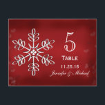 Cartão Postal Red and White Snowflake Wedding Table Number Cards<br><div class="desc">Beautiful white snowflake wedding table number cards with a pretty snowflake design with a leaf and floral design and heart shaped icy reflections behind it. This gorgeous jewel toned ruby red hued color background looks like it glows. Perfect for a winter wonderland holiday or Christmas themed wedding. Artwork © Chrissy...</div>