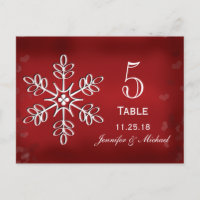 Red and White Snowflake Wedding Table Number Cards