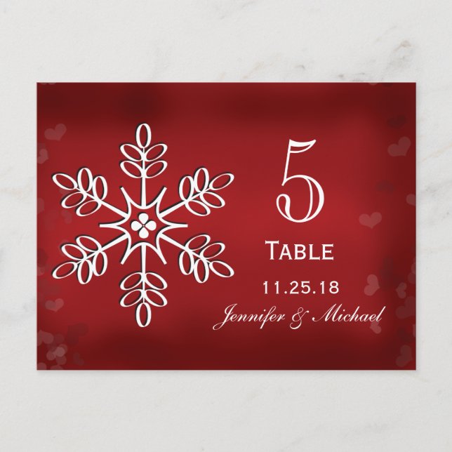 Cartão Postal Red and White Snowflake Wedding Table Number Cards (Frente)