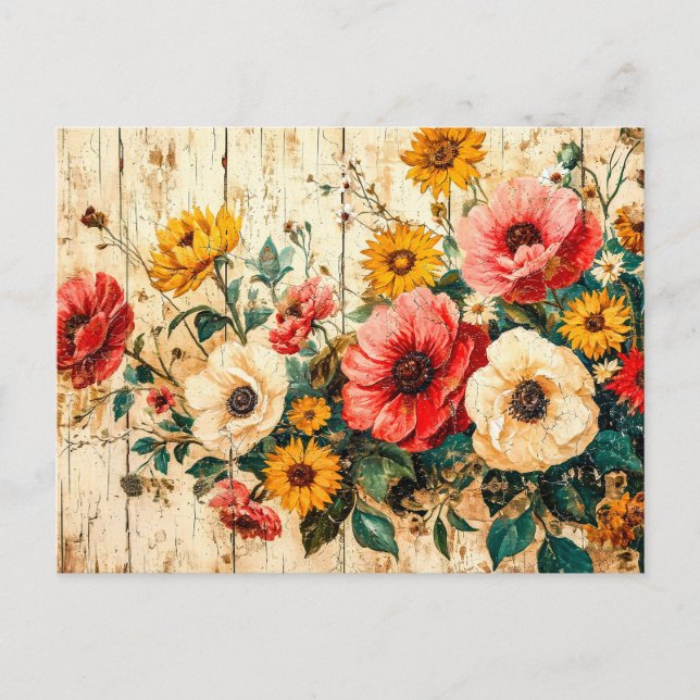 Cartão Postal Red and Yellow Garden Flowers on Wood (Frente)