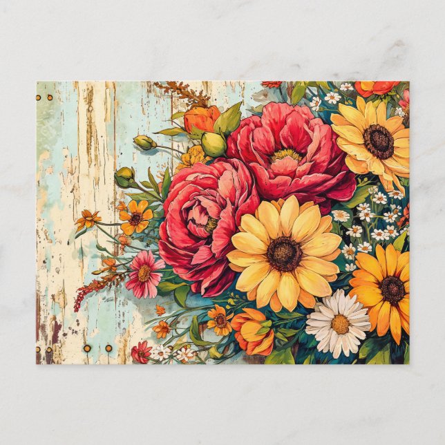 Cartão Postal Red and Yellow Garden Flowers on Wood (Frente)