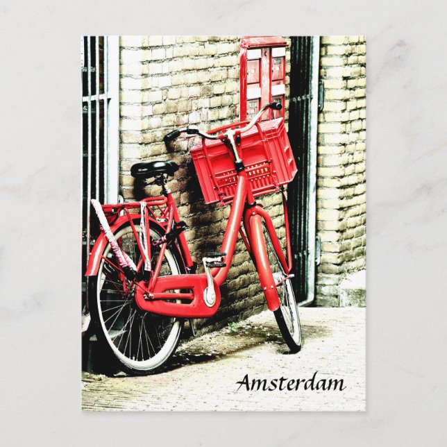 Cartão Postal Red Bicycle & Amsterdam, férias Países Baixos (Frente)