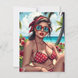 Cartão Postal Red Bikini, óculos de sol e mulher Bandana