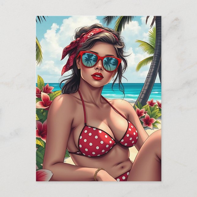 Cartão Postal Red Bikini, óculos de sol e mulher Bandana (Frente)