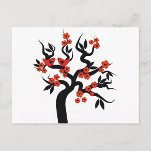 Cartão Postal Red Black Love bird sakura cherry tree & Blossoms