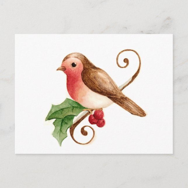 Cartão Postal Red Breast Robin com Holly (Frente)